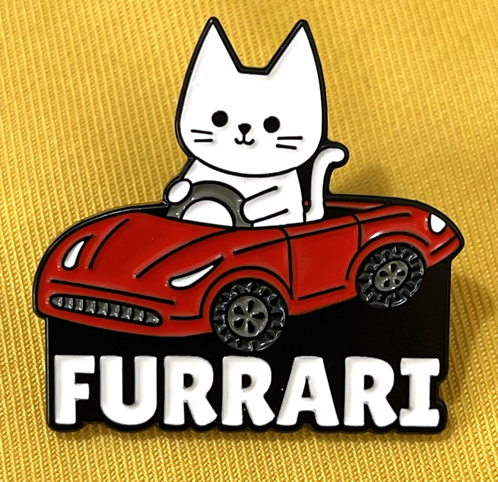 NWOT FURRARI Red Cat Car Lapel Pin Brooch Enamel Cartoon Vehicle Car Luxury